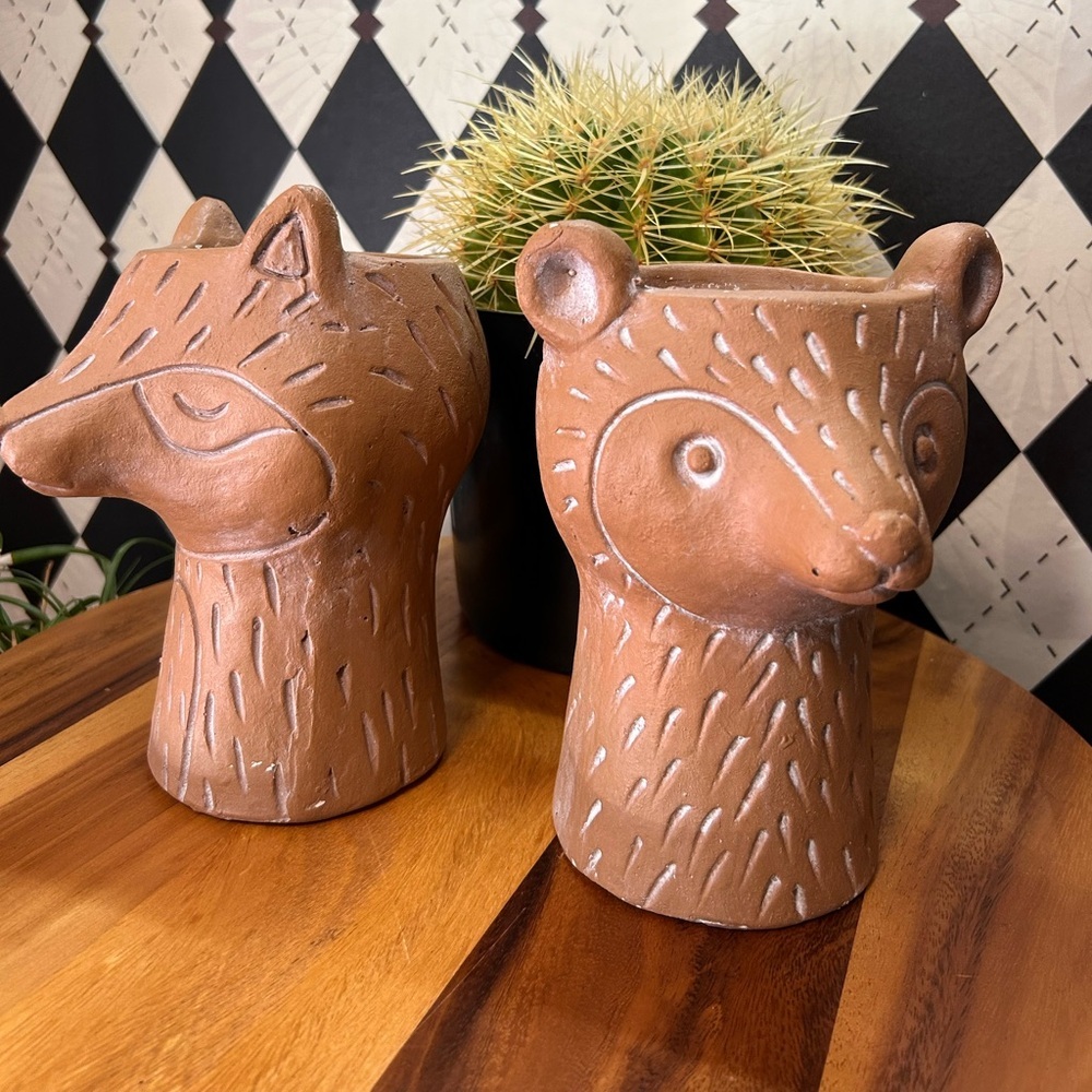 Rustic Fox Terracotta Planters— Incised Animal Face in Handcrafted Clay Raccon‎